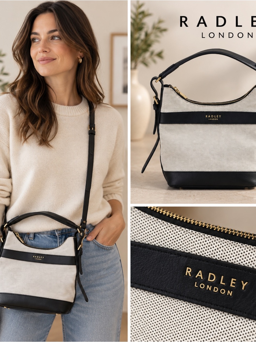 Radley London Black Tan-Cream Canvas Leather Convertible Crossbody Shoulder Bag